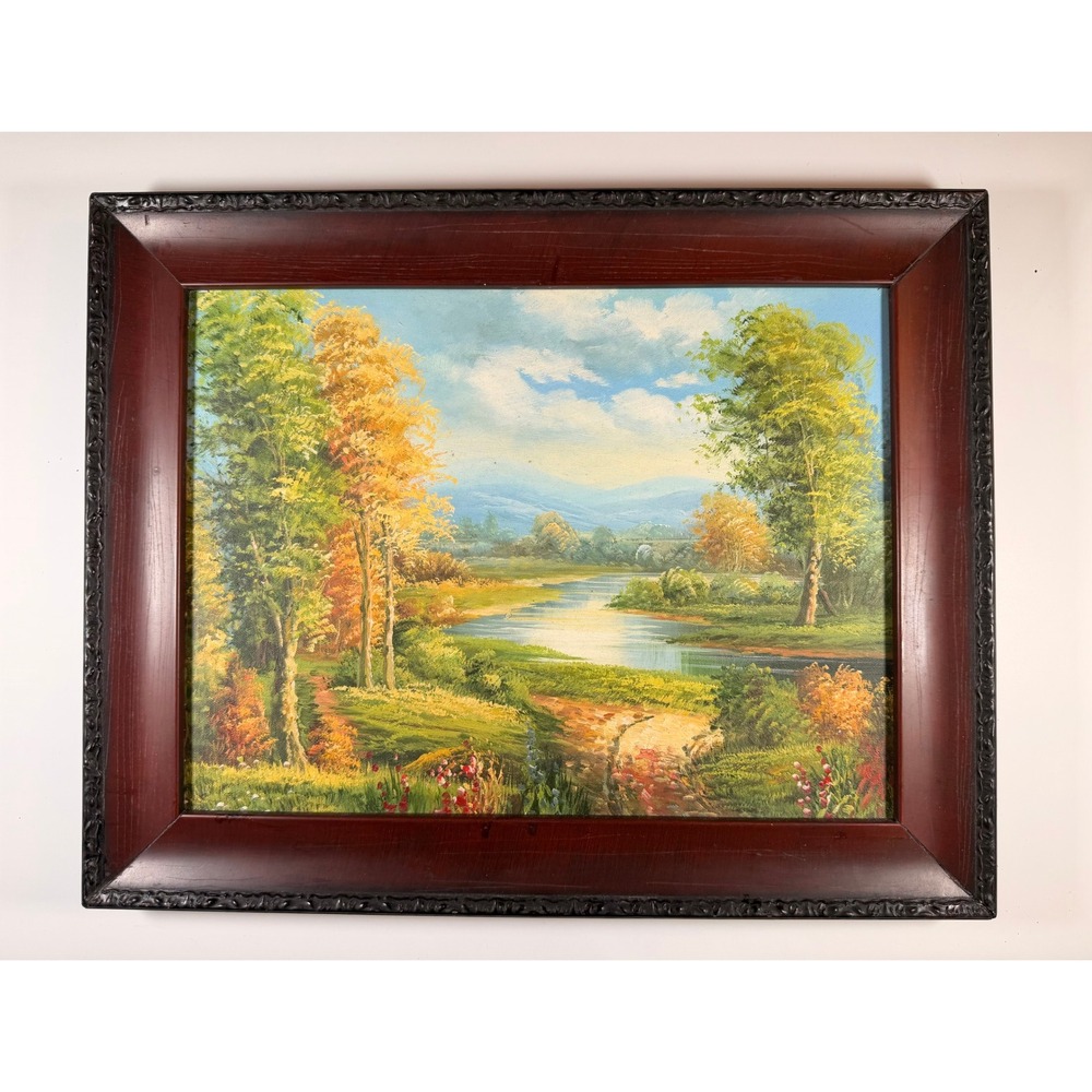 Framed‎ Landscape Oil Painting Autumn Trees River Scenic Art Home Decor